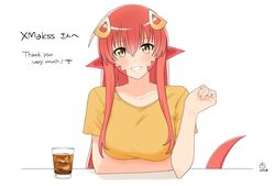  absurdres blush breasts clenched_teeth collarbone commentary_request commission commissioner_upload cup drinking_glass female fingernails hair_between_eyes hair_ornament highres ice ice_cube lamia large_breasts long_hair looking_at_viewer miia_(monster_musume) monster_girl monster_musume_no_iru_nichijou pink_nails pointy_ears red_hair scales shirt sidelocks skeb_commission slit_pupils smile solo suika_aji teeth white_background yellow_eyes 