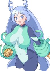  akitokage blue_bodysuit blue_eyes blue_hair bodysuit boku_no_hero_academia breasts covered_navel female gold_gloves hadou_nejire highres large_breasts long_hair skin_tight smile solo 