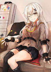  absurdres asymmetrical_legwear belt black_belt black_gloves black_legwear black_skirt brown_jacket closed_mouth commentary_request couch female girls&#039;_frontline gloves grey_eyes grey_hair highres jacket jewelry long_hair looking_at_viewer muteppona_hito one_eye_closed partially_fingerless_gloves ring sitting skirt smile solo svd_(girls&#039;_frontline) thighhighs uneven_legwear uniform weapon_case white_hair 