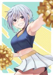  arm_up black_panties blush border breasts cheerleader chris_(konosuba) commentary_request female from_side green_background grey_hair grin high-waist_skirt highres holding holding_pom_poms izawa_(bhive003) kono_subarashii_sekai_ni_shukufuku_wo! medium_hair midriff panties pom_pom_(cheerleading) skirt smile solo teeth underwear white_border yellow_background 