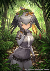  bad_id bad_twitter_id belt bird_tail bird_wings black_gloves black_hair blonde_hair closed_mouth collared_shirt commentary_request cowboy_shot elbow_gloves epaulettes female fingerless_gloves forest gloves green_eyes grey_gloves grey_hair grey_pantyhose grey_shirt grey_shorts guchico hair_tie head_wings kemono_friends kemono_friends_3 leaf leaf_on_head multicolored_hair nature necktie official_art pantyhose shirt shoebill_(kemono_friends) short_hair short_sleeves shorts solo tail translated tree uniform white_necktie wings 