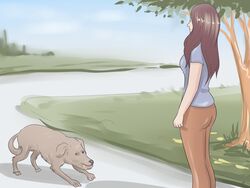  4:3 absurd_res ambiguous_gender bodily_fluids canid canine canis detailed_background domestic_dog drooling duo female feral grass hi_res human mammal official_art outside plant saliva unknown_artist what wikihow 