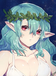  aqua_hair armlet bare_shoulders breasts closed_mouth collarbone elf female hair_between_eyes highres laurel_crown long_hair murata_tefu original pointy_ears red_eyes shiny_skin solo upper_body 