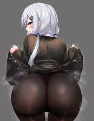  ass ass_focus blush close-up clothes_lift dress dress_lift female festa11307070 from_behind grey_hair hakase_fuyuki huge_ass lifting_own_clothes long_hair looking_at_viewer looking_back nijisanji pantyhose solo standing steam thong twintails virtual_youtuber 