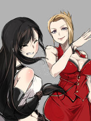  2girls black_hair blonde_hair bracelet breasts catfight cleavage dress elbow_gloves final_fantasy final_fantasy_vii fingerless_gloves gloves grey_background highres hot_bee_ball jewelry long_hair multiple_girls red_dress scarlet_(ff7) skirt slap_mark slapping suspender_skirt suspenders tank_top tifa_lockhart wince 