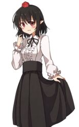  absurdres black_hair black_ribbon black_skirt blouse blush breasts center_frills cowboy_shot eyes_visible_through_hair female frilled_sleeves frills hair_between_eyes hand_up hat high-waist_skirt highres long_sleeves looking_to_the_side meme_attire neck_ribbon parted_lips pleated_skirt pointy_ears puffy_long_sleeves puffy_sleeves red_eyes red_hat ribbon shameimaru_aya shirt short_hair sidelocks simple_background skirt skirt_hold smile solo standing sweatdrop tksand tokin_hat touhou virgin_killer_outfit white_background white_shirt 