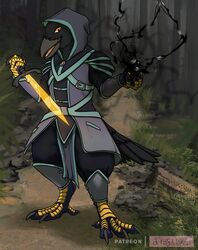  2021 5_fingers anthro armor avian avian_feet beak bird black_body blue_clothing claws clothing conditional_dnp corvid corvus_(genus) dungeons_and_dragons feet fingers hasbro kenku magic melee_weapon nakoo open_beak open_mouth orange_eyes oscine passerine purple_clothing raven ravenfolk solo sword talons toes weapon wizards_of_the_coast 