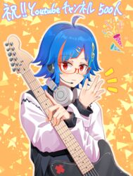  1boy ahoge bad_id bad_pixiv_id blue_hair electric_guitar fender_telecaster glasses guitar guitaro_(yabasaki_taro) hair_ornament hairclip headphones headphones_around_neck headset highres hiyuki_utamiya instrument iriam male_focus multicolored_hair musical_note musical_note_hair_ornament orange_background party_popper solo streaked_hair treble_clef upper_body virtual_youtuber 