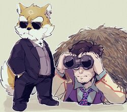  anthro binoculars canid canine canis clothing domestic_dog duo eyewear fur hi_res human jinnai lifewonders live_a_hero male mammal narihito_karue necktie procy short_stack spy suit sunglasses yellow_body yellow_fur 