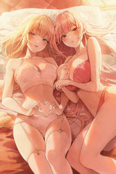  2girls absurdres bare_arms bare_shoulders blonde_hair blue_eyes bra braid breasts cleavage collarbone english_commentary frilled_bra frills frown garter_straps heart heart_hands highres korean_commentary large_breasts looking_at_viewer lying meoyo mixed-language_commentary multiple_girls narrow_waist navel on_back on_bed open_mouth original panties pink_bra pink_hair pink_panties red_eyes skindentation smile stomach strap_gap string_bra string_panties thighhighs thighs underwear underwear_only white_bra white_panties white_thighhighs 