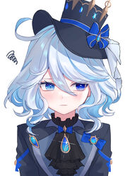  absurdres ahoge aqua_hair ascot black_hat blue_bow blue_eyes bow commentary_request drop-shaped_pupils female frown furina_(genshin_impact) genshin_impact hair_between_eyes hat hat_bow highres long_hair long_sleeves looking_at_viewer looking_to_the_side low_twintails mismatched_pupils mochi_mochi052 multicolored_hair sidelocks simple_background solo squiggle streaked_hair symbol-shaped_pupils top_hat twintails two-tone_hair upper_body wavy_hair white_background 