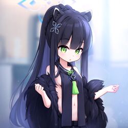  ai_floverse animal_ear_fluff animal_ears bangs black_coat black_dress black_hair blue_archive blunt_bangs breast_curtains breasts china_dress chinese_clothes chinese_commentary coat commentary_request dress female fur_coat green_eyes hair_ornament highres long_hair navel open_mouth ponytail shun_(blue_archive) small_breasts solo tiger_ears tiger_girl upper_body very_long_hair 