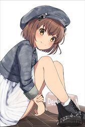  bad_id bad_twitter_id bag beret brown_eyes brown_hair commentary_request dated denim denim_jacket female grey_hat grey_jacket hat headgear highres jacket kantai_collection ludens_(inonaka_koubou) official_alternate_costume pleated_skirt short_hair simple_background skirt smile solo speaking_tube_headset white_background white_skirt yukikaze_(kancolle) 