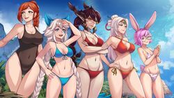  5girls animal_ears bikini bikini_bottom bikini_top blue_eyes brown_hair bunny_ears bunny_tail cassie_(paladins) cawfield clothed clothed_female female female_focus female_only fox_ears freckles green_eyes hi-rez_studios io_(paladins) large_breasts lian_(paladins) light-skinned_female light_skin medium_breasts multiple_girls navel one-piece_swimsuit paladins pink_hair purple_eyes red_hair rei_(paladins) silver_hair small_breasts swimsuit vora_(paladins) watermark yellow_eyes 