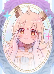  :3 animal_ear_fluff animal_ears bare_shoulders blush brown_eyes closed_mouth commentary_request dress elbow_gloves female gloves gucchiann hands_up highres light_brown_hair lima_(cinderella)_(princess_connect!) lima_(princess_connect!) llama_girl long_hair looking_at_viewer princess_connect! smile solo sparkle strapless strapless_dress white_dress white_gloves 