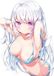  blue_bra blue_hair blue_panties bra breasts cleavage commentary_request detached_wings female from_above hair_between_eyes hands_in_hair hands_up highres kamioka_shun&#039;ya long_hair looking_at_viewer looking_up mini_wings original panties purple_eyes shiori_(kamioka_shun&#039;ya) simple_background solo underwear underwear_only very_long_hair white_background white_hair white_wings wings 