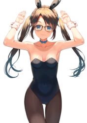  :3 animal_ear_hairband animal_ears armpits arms_up bare_arms bare_shoulders black-framed_eyewear black_leotard blue_choker blue_eyes breasts brown_hair brown_pantyhose choker collarbone commentary_request covered_navel cowboy_shot fake_animal_ears female glasses hairband highres idolmaster idolmaster_shiny_colors leotard long_hair looking_at_viewer mitsumine_yuika pantyhose playboy_bunny rabbit_ear_hairband rabbit_ears rangen ribbon_choker simple_background small_breasts smile solo standing strapless strapless_leotard twintails white_background wrist_cuffs 