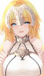  armor armored_dress blonde_hair blue_eyes blush breasts chains collar dress fate/apocrypha fate/grand_order fate_(series) female headpiece highres jeanne_d&#039;arc_(fate) jeanne_d&#039;arc_(ruler)_(fate) jeanne_d&#039;arc_(third_ascension)_(fate) large_breasts long_hair looking_at_viewer metal_collar open_mouth smile solo tohoho_(hoshinoyami) very_long_hair white_dress 