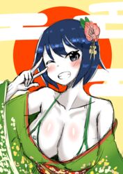  absurdres bikini bikini_under_clothes black_hair blue_hair blush body_blush breasts cleavage collarbone colored_skin commentary_request cookie_(touhou) egasumi female flower green_bikini green_kimono grin highres japanese_clothes kimono large_breasts looking_at_viewer milk_(cookie) murasa_minamitsu one_eye_closed pink_flower short_hair smile solo swimsuit touhou tsugumi_amon upper_body v white_skin 