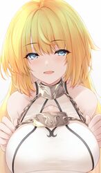  armor armored_dress blonde_hair blue_eyes blush breasts chains collar dress fate/apocrypha fate/grand_order fate_(series) female highres jeanne_d&#039;arc_(fate) jeanne_d&#039;arc_(ruler)_(fate) jeanne_d&#039;arc_(third_ascension)_(fate) large_breasts long_hair looking_at_viewer metal_collar open_mouth smile solo tohoho_(hoshinoyami) very_long_hair white_dress 