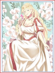  alternate_costume alternate_hairstyle bad_id bad_pixiv_id blonde_hair blue_eyes braid breasts celtic circlet cleavage commentary crown_braid dress feet_out_of_frame female flower hair_between_eyes highres holding holding_flower kantai_collection lips long_hair looking_at_viewer mole mole_under_eye mole_under_mouth narrow_waist orchid pink_flower richelieu_(kancolle) shingyou_(alexander-13) sitting solo square_neckline white_dress white_flower 