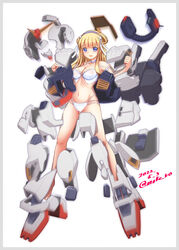  armor bikini blonde_hair breasts collarbone dated double_bun energy_sword female fletcher_(kancolle) fletcher_(swimsuit_mode)_(kancolle) fletcher_mk_ii_(kancolle) full_body gun gundam gundam_mk_ii hair_bun hair_ornament kantai_collection large_breasts long_hair machine_gun moke_ro navel official_alternate_costume open_mouth purple_eyes shirt signature simple_background smile solo star_(symbol) star_hair_ornament swimsuit sword thrusters weapon white_bikini white_shirt zeta_gundam 