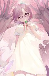  alternate_costume breasts cherry_blossoms dress fate/grand_order fate_(series) female food fou_(fate) glasses highres holding holding_food leonardo_da_vinci_(fate) looking_at_viewer looking_down mash_kyrielight one_eye_closed plant purple_eyes red_ribbon ribbon romani_archaman smile standing ugusu24 