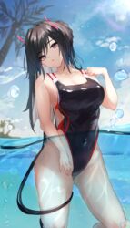  black_eyes black_hair black_one-piece_swimsuit blue_sky braid breasts cloud commentary competition_swimsuit covered_navel cowboy_shot day female highleg highleg_swimsuit highres long_hair looking_at_viewer one-piece_swimsuit original outdoors palm_tree panipo partially_submerged partially_underwater_shot sky solo standing swimsuit symbol-only_commentary tree water 