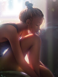  a.x. backlighting blonde_hair blurry blurry_background cigarette closed_eyes female hair_bun highres indoors knee_up morning mouth_hold original single_hair_bun smoke smoking solo tank_top window 