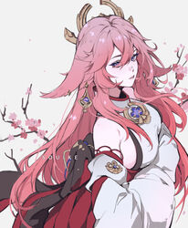  animal_ears artist_name bangs banned_artist branch breasts cherry_blossoms earrings english_commentary female fox_ears genshin_impact hair_between_eyes hair_ornament hands_in_opposite_sleeves high_collar highres japanese_clothes jewelry large_breasts lips long_hair long_sleeves looking_at_viewer miko necklace obi pink_eyes pink_hair ribbon-trimmed_sleeves ribbon_trim sash sideboob simple_background solo souike standing upper_body white_background wide_sleeves yae_(genshin_impact) 