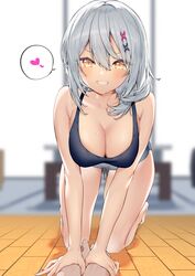  absurdres all_fours armpit_crease bare_arms bare_legs bare_shoulders barefoot blurry breasts cleavage commentary_request depth_of_field female foot_massage grey_hair grey_shorts grin hair_ornament hairclip heart highres itohana large_breasts long_hair looking_at_viewer orange_eyes original pov short_shorts shorts sleeveless smile solo spoken_heart sports_bra sweat thighs v-shaped_eyebrows x_hair_ornament 