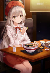  absurdres bad_id bad_pixiv_id bow bowtie chopsticks closed_mouth commentary cup female food grey_hair highres holding holding_chopsticks indoors legs_together long_hair looking_at_viewer nail_polish noodles original pepper_shaker ramen red_bow red_bowtie red_headwear red_skirt restaurant salt_shaker shaffelli shirt sidelocks sitting skirt solo symbol-only_commentary table tray waitress white_shirt yellow_eyes 