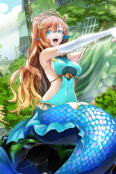  :d blue_eyes breasts brown_hair cloud commentary_request covered_navel elbow_gloves female fins gloves head_fins highres ivuki large_breasts long_hair mermaid monster_girl open_mouth original outdoors outstretched_arms ruins sitting smile solo upper_body white_gloves 