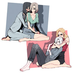  4girls bad_id bad_twitter_id bare_shoulders barefoot black_eyes black_hair black_skirt blonde_hair blue_shirt blush breasts cleavage closed_eyes collarbone commentary_request couple crossed_arms feet from_side full_body gado grey_eyes grey_pants grey_shirt grey_skirt hair_over_one_eye head_kiss highres hug hug_from_behind kissing kissing_cheek korean_commentary long_hair looking_at_viewer multiple_girls one_eye_closed original pants pants_rolled_up red_shirt shirt short_hair simple_background sitting skirt sleeveless sleeves_rolled_up toes white_background white_hair yuri 