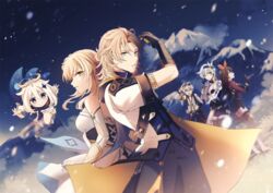  2boys 4girls albedo_(genshin_impact) amber_(genshin_impact) annerica bennett_(genshin_impact) blonde_hair blue_hair brown_hair commentary_request eula_(genshin_impact) genshin_impact highres light_blue_hair long_hair lumine_(genshin_impact) mountain multiple_boys multiple_girls paimon_(genshin_impact) short_hair snowing white_hair 