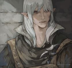  1boy black_coat brooch brown_vest coat commentary_request dadadadadaist elezen elf estinien_varlineau final_fantasy final_fantasy_xiv grey_eyes hair_over_eyes highres jewelry long_hair looking_to_the_side male_focus pointy_ears portrait solo stone_wall vest wall white_hair 