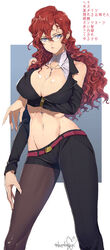  arm_under_breasts bare_shoulders belt between_breasts blue_eyes bracelet breast_hold breasts brown_pantyhose cleavage closed_mouth clothing_cutout collarbone female glasses grey-framed_eyewear hair_between_eyes highres jewelry large_breasts long_hair murata_tefu navel necklace original pantyhose red_belt red_hair shiny_skin shoulder_cutout signature solo translation_request 