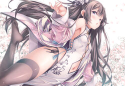  bare_shoulders black_panties black_thighhighs blush breasts brown_hair bun_cover china_dress chinese_clothes cleavage_cutout clothing_cutout commentary_request double_bun dress female hair_bun hair_ornament highres long_hair looking_at_viewer navel open_mouth original panties pelvic_curtain pink_eyes print_dress ryo_(botugo) side_slit sleeveless sleeveless_dress small_breasts solo thighhighs underwear 