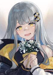  black_jacket black_shirt eyebrows_hidden_by_hair female flower grey_hair hachi_(live_union) highres holding holding_flower jacket live_union mole mole_under_eye off_shoulder open_mouth portrait riri_zuran shirt smile solo virtual_youtuber white_flower yellow_eyes 