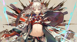  absurdres arknights bad_id bad_pixiv_id bracelet coat crop_top earrings female highres horns jewelry long_hair looking_at_viewer nian_(arknights) open_clothes open_mouth pointy_ears ponytail purple_eyes shorts solo strapless tsumeki tube_top white_hair 