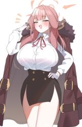  akitokage aru_(blue_archive) black_skirt blue_archive breasts brown_coat coat female fur_collar gloves hand_on_own_hip highres horns large_breasts long_hair open_mouth orange_eyes pink_hair pink_ribbon ribbon shirt skirt solo white_gloves white_shirt 