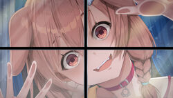  :d against_glass animal_ears bangs blush bone_hair_ornament braid brown_hair collar commentary curtains dog_ears empty_eyes eyebrows_visible_through_hair fangs female hair_between_eyes hair_ornament highres hololive inugami_korone long_hair looking_outside open_mouth red_eyes sanpaku smile solo star_(symbol) taiga_(ryukyu-6102-8) teeth twin_braids twitter_username upper_body upper_teeth virtual_youtuber window yandere 