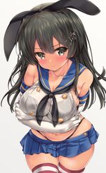  animal_ears black_bra black_eyes black_hair black_neckerchief black_panties blue_sailor_collar blue_skirt blush bra breasts closed_mouth commentary_request cosplay cropped_shirt detached_sleeves elbow_gloves fake_animal_ears female gloves hair_ornament hairclip highres kantai_collection large_breasts long_hair navel neckerchief nijimoto_hirok oyashio_(kancolle) panties pleated_skirt rabbit_ears sailor_collar school_uniform serafuku shimakaze_(kancolle) shimakaze_(kancolle)_(cosplay) shirt simple_background skirt solo striped_clothes striped_thighhighs sweatdrop thighhighs underwear uniform wet wet_clothes wet_shirt white_background white_gloves white_shirt 