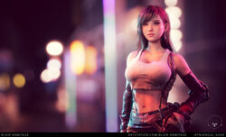  3d absurdres artist_name bare_shoulders belt black_skirt blair_armitage blurry blurry_background breasts brown_eyes brown_hair chocobo cleavage closed_mouth collarbone commentary_request crop_top dirty earrings elbow_gloves elbow_pads female final_fantasy final_fantasy_vii fingerless_gloves gloves highres jewelry large_breasts lips long_hair midriff miniskirt navel realistic skirt sleeveless solo tifa_lockhart torn_clothes 