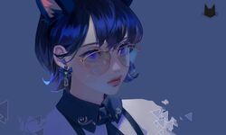  blue_background blue_bow blue_eyes blue_hair blue_theme bow cat_earrings collared_shirt commentary english_commentary female hair_behind_ear looking_at_viewer original portrait shirt short_hair solo sunglasses thick_lips white_shirt wowmoto2 