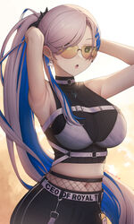  absurdres akaharuu arm_up armpits arms_behind_head bikini_over_clothes black_gloves black_pants black_shirt blue_eyes blue_hair breasts bright_pupils chest_harness colored_inner_hair commentary cropped_shirt earrings english_commentary female fishnets gloves grey_hair hair_over_one_eye harness highres hololive hololive_indonesia jewelry large_breasts long_hair looking_at_viewer midriff multicolored_hair navel official_alternate_costume open_mouth orange-tinted_eyewear pants pavolia_reine pavolia_reine_(streetwear) ponytail shirt skindentation sleeveless sleeveless_turtleneck solo sunglasses surprised tinted_eyewear triangle_earrings turtleneck very_long_hair virtual_youtuber white_background white_pupils 