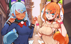  2girls andou_inari andou_inari_official armpits blue_eyes blue_hair bow breasts choumi_wuti_(xueye_fanmang_zhong) fox_girl fox_tail gyaru hair_ornament handprint highres holding_hands joints long_hair mechanical_ears multiple_girls nijisanji one_eye_closed orange_hair red_eyes road robot_joints sleeveless sleeveless_sweater street sweater tail v virtual_youtuber virtuareal 