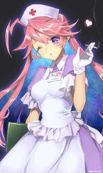  ahoge blue_outline cigarette clipboard dress female frills galaxy gloves glowing hair_between_eyes hat heart highres holding holding_cigarette holding_clipboard id_card long_hair murata_tefu nurse nurse_cap one_eye_closed original outline pink_hair pointy_ears puffy_sleeves purple_eyes smoke solo white_gloves 