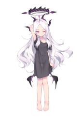  absurdres ahoge alternate_costume arm_behind_head bare_legs barefoot black_dress black_pajamas blue_archive collarbone commentary_request demon_girl demon_horns demon_wings dress female forehead full_body halo hand_up highres hina_(blue_archive) horns long_hair looking_at_viewer pajamas parted_bangs purple_eyes see-through see-through_dress short_sleeves sidelocks simple_background solo standing sword toes wakizashi wavy_hair weapon white_background white_hair whitemaus wings 