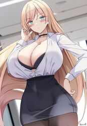  artist_name black_bra black_choker blue_eyes blush bra breasts choker cleavage collarbone collared_shirt eyebrows_hidden_by_hair female guilty_gear hand_on_own_face hand_on_own_hip highres huge_breasts jewelry keenh long_hair looking_at_viewer millia_rage necklace office office_lady pantyhose partially_unbuttoned pencil_skirt plunging_neckline shirt signature skirt solo swept_bangs underwear upper_body very_long_hair 